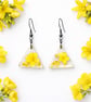 Small Yellow Flower Triangle Resin Earrings with Gold Leaf – Minimalist Dangle 