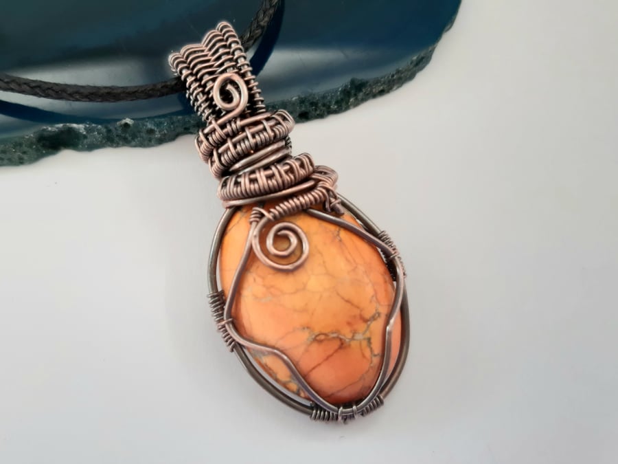 Orange Pendant, Jasper Copper Wire Wrapped Necklace, Gifts for Women