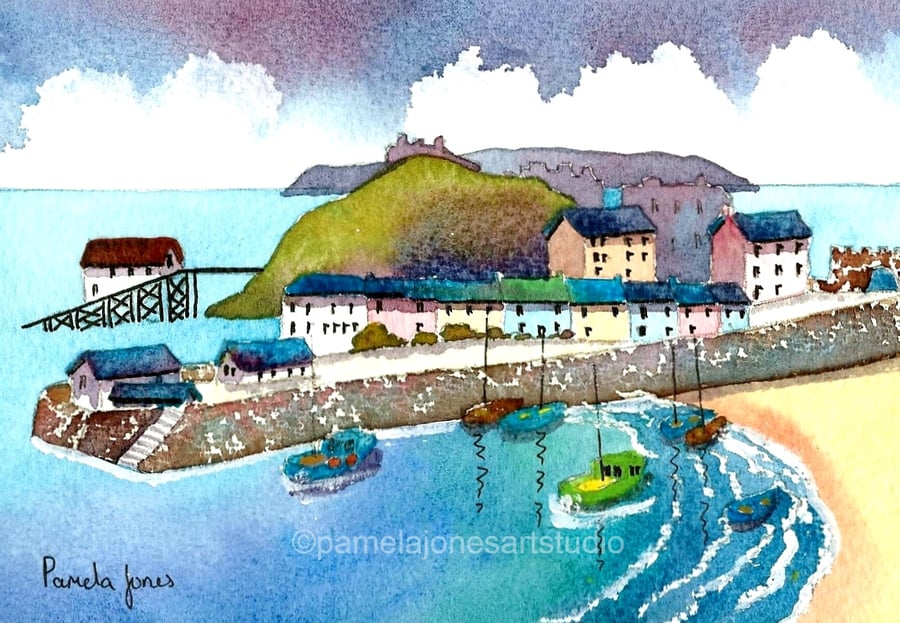Tenby Harbour, Pembrokeshire, Wales, Watercolour Print in 8 x 6'' Mount