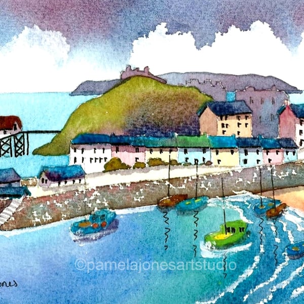 Tenby Harbour, Pembrokeshire, Wales, Watercolour Print in 8 x 6'' Mount