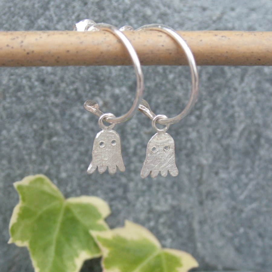 Silver ghost hoop earrings, Halloween earrings