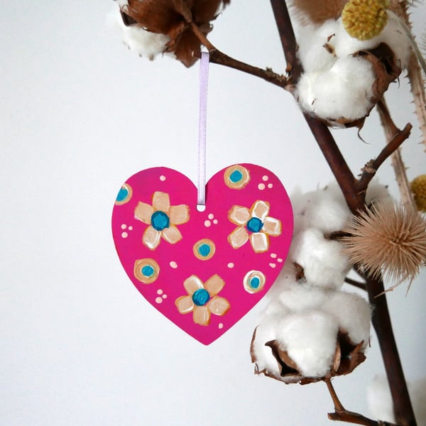 Pink Hanging Heart, Yellow Flowers Decoration, Floral Artwork, Spring Decor