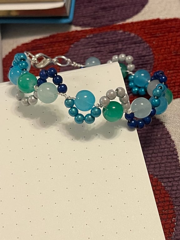 Glass bead and wire blue wave bracelet - made to order size