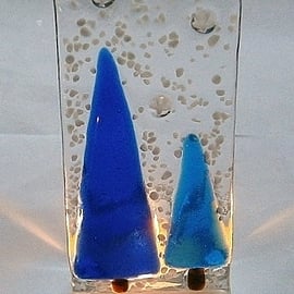 Festive fused glass snowy blue Christmas tree candle holder or tealight holder