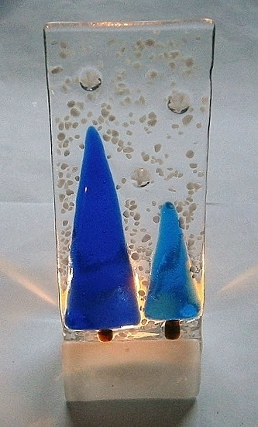 Festive fused glass snowy blue Christmas tree candle holder or tealight holder