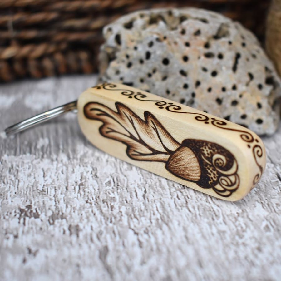 Acorns and oak pyrography keyring on sycamore. Ideal wood gift, ready to post.