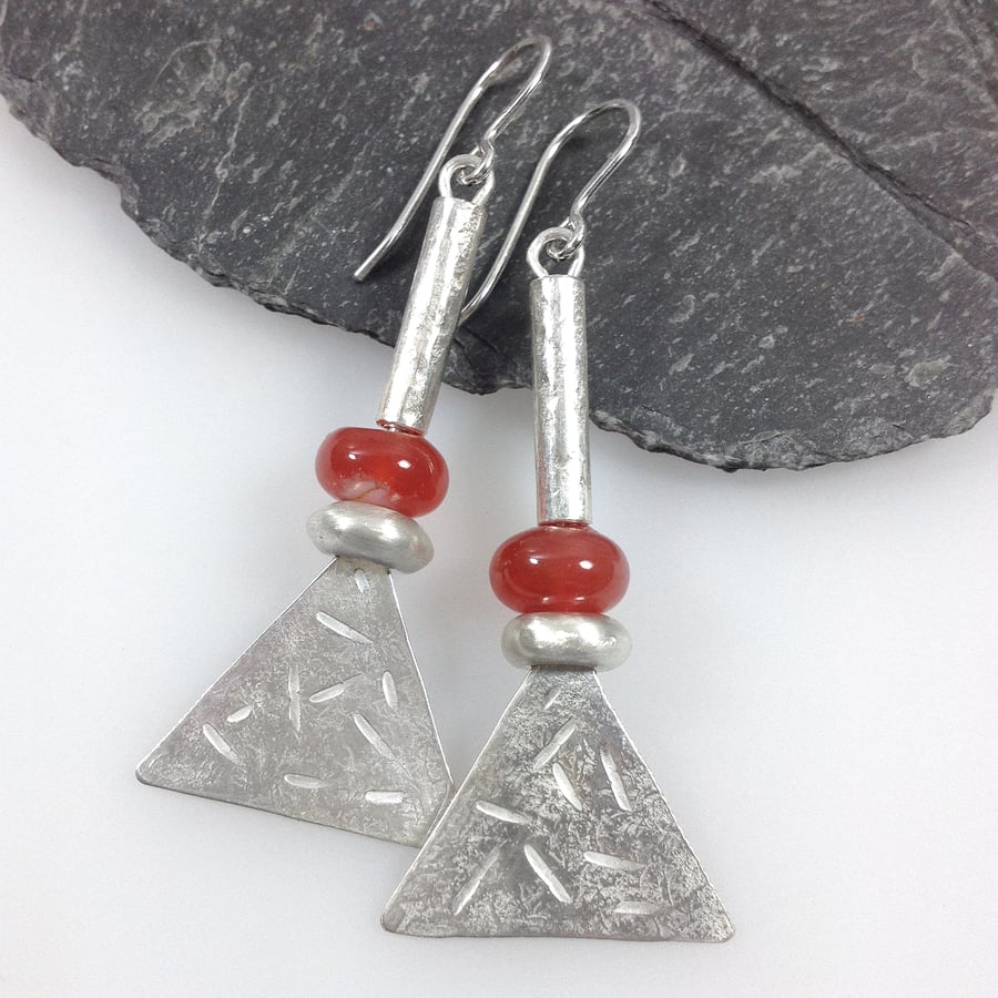 Long silver and carnelian tribal earrings