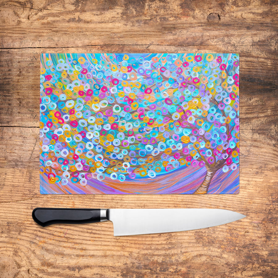 Purple Tree Glass Chopping Board - Lilac pink and blue Worktop Saver, Platter, L