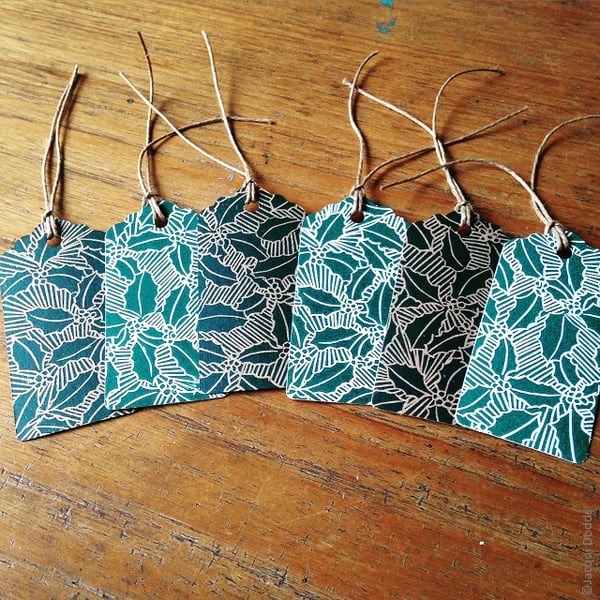 Holly, lino print Christmas Gift Tags, pack of six, green