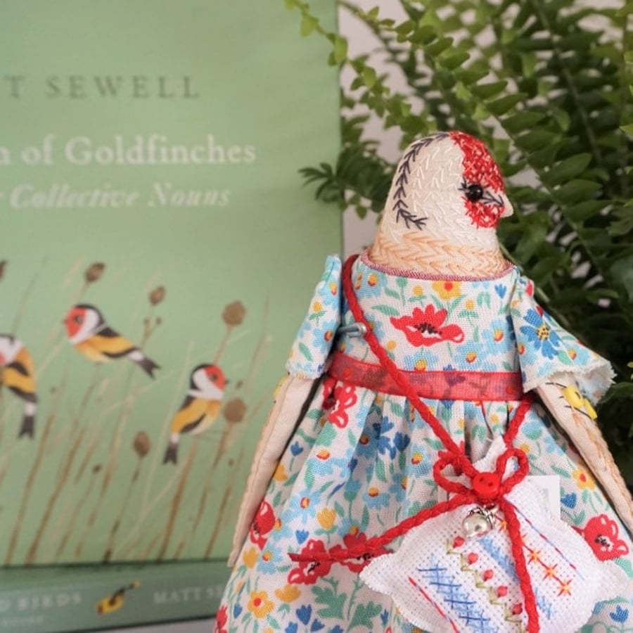 Adiva, A  Tiny Hand Embroidered Goldfinch Folk Art Doll