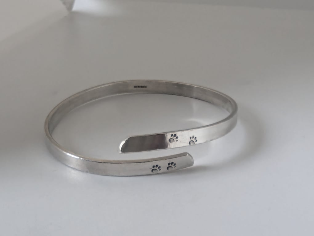 Sterling Silver Bangle, hand-stamped with paw prints