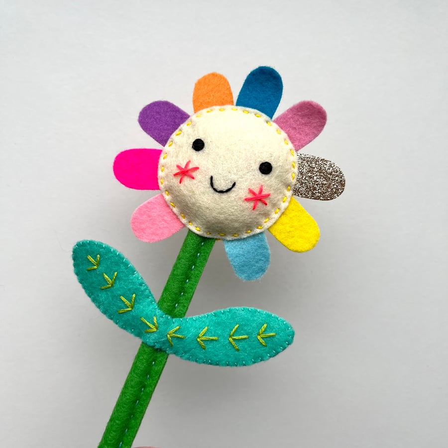 Happy Rainbow Felt Flower Hand Embroidered Decoration - pale yellow