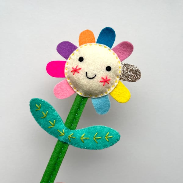 Happy Rainbow Felt Flower Hand Embroidered Decoration - pale yellow