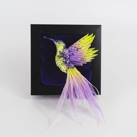 Flying Hummingbird Textile Wall Panel and Brooch Pin, Lime Green and Purple