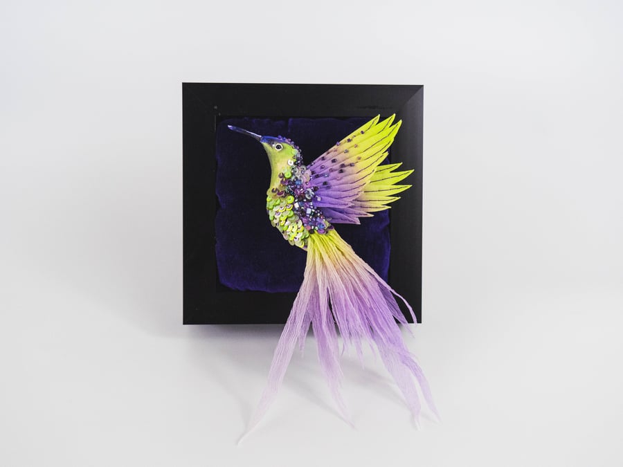Flying Hummingbird Textile Wall Panel and Brooch Pin, Lime Green and Purple