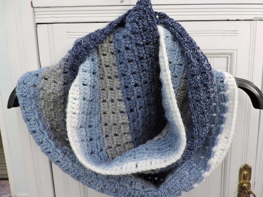 Crochet Infinity Scarf, Blue Grey and White