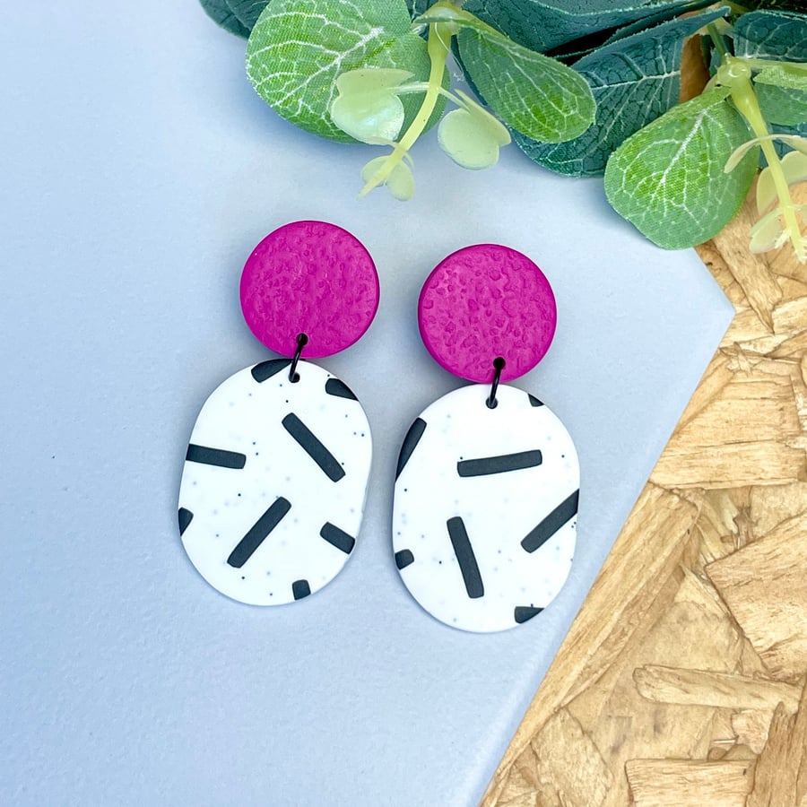 Hot Pink & Monochrome Sprinkles Polymer Clay Dangle Earrings 