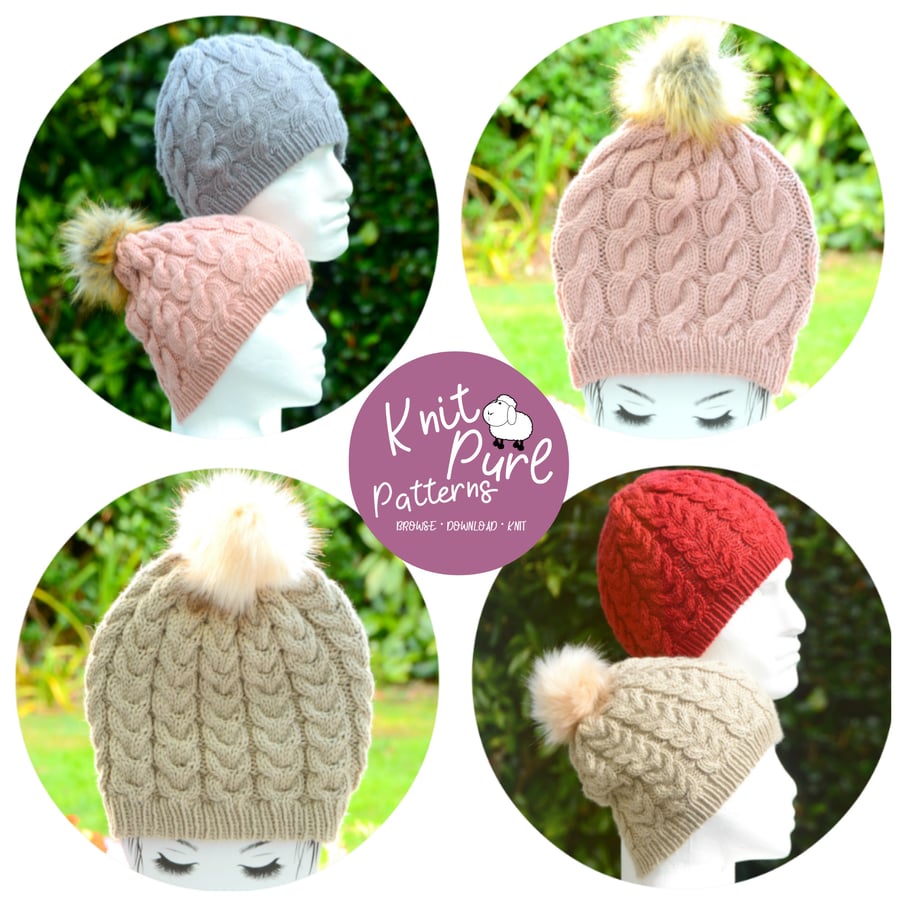 2in1 Hat Knitting Pattern Aran Cable Knitted Bobble Hats KPPA0210