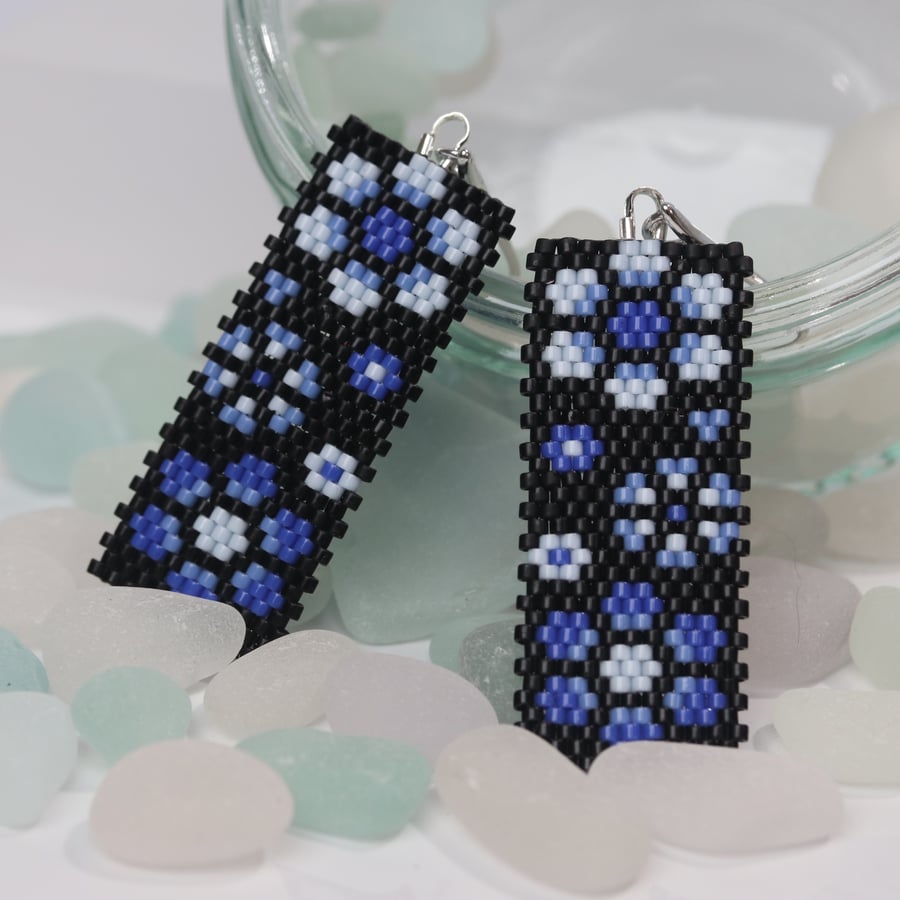 Rectangular Beaded Earrings with Blue Flowers