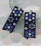 Rectangular Beaded Earrings with Blue Flowers