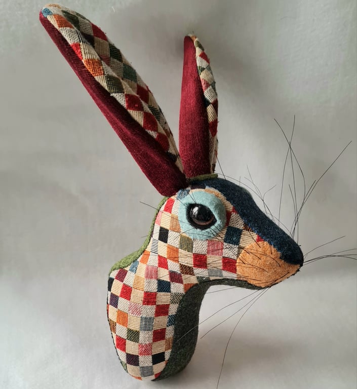 Faux hare head wall mount in harlequin fabric - Helter-skelter 