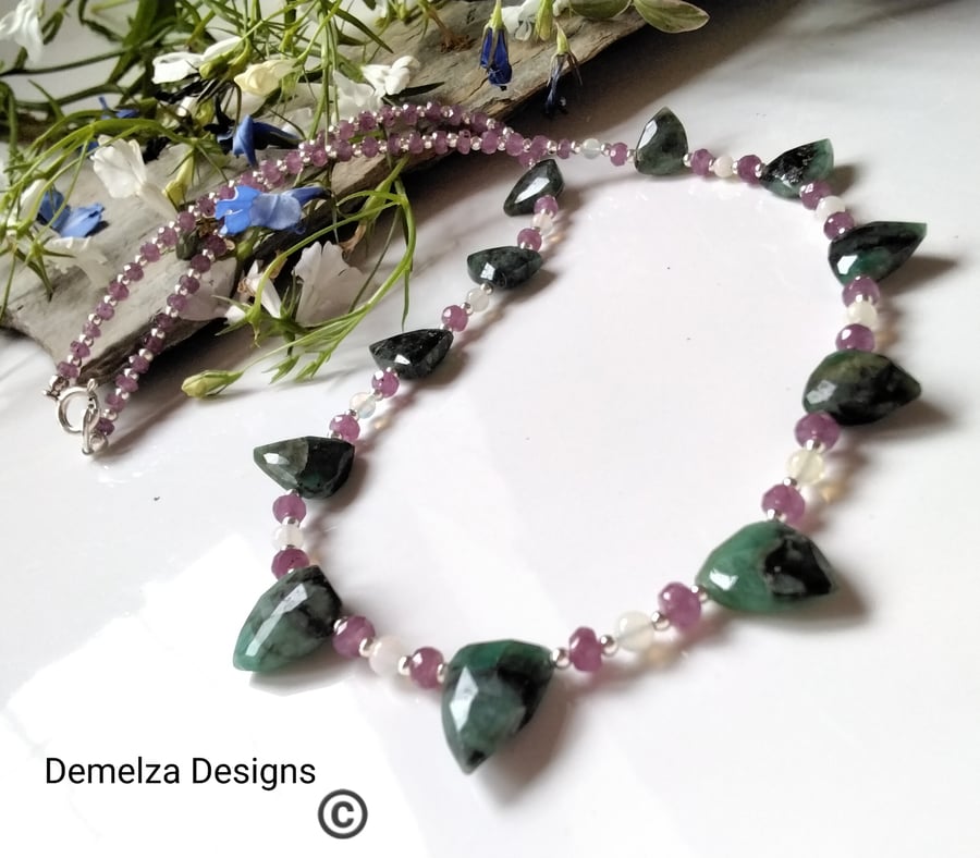 Designer Raw Natural Emerald & Wello Opal  Sterling Silver Necklace ONE OFF