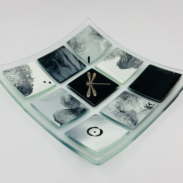 Beautiful Monochrome Fused Glass dish with dragonfly.