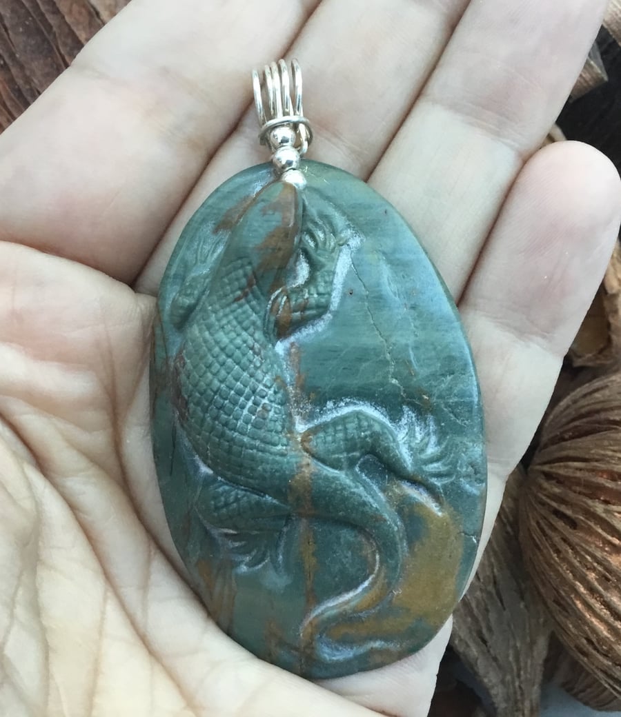 Stunning Carved Lizard Jasper Gemstone pendant with Silver Wire Bail.