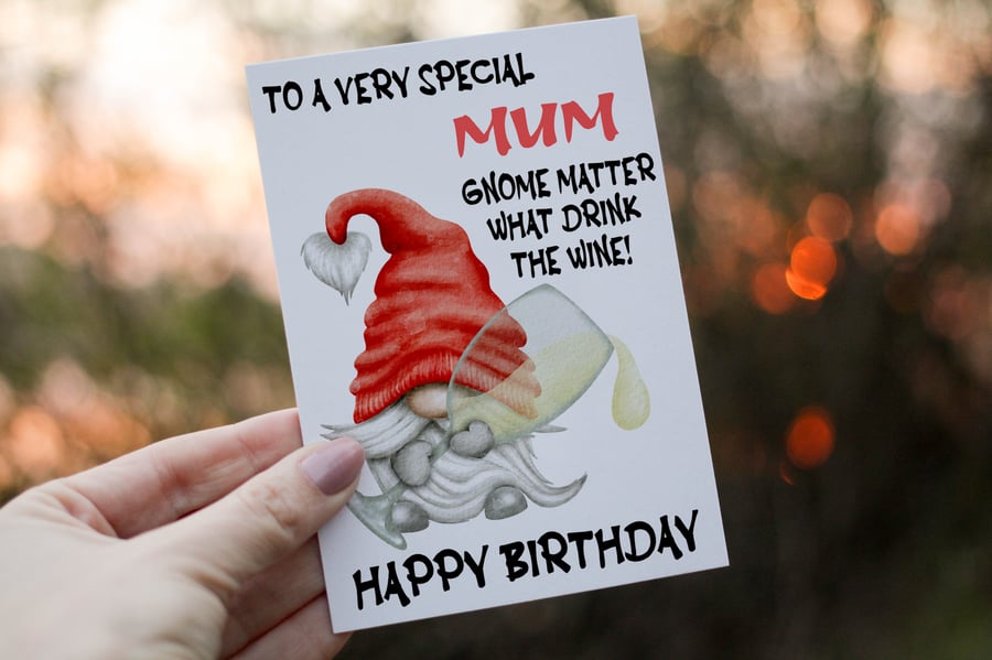 Special Mum Drink The Wine Gnome Birthday Card, Gonk Birthday Card, Personalized