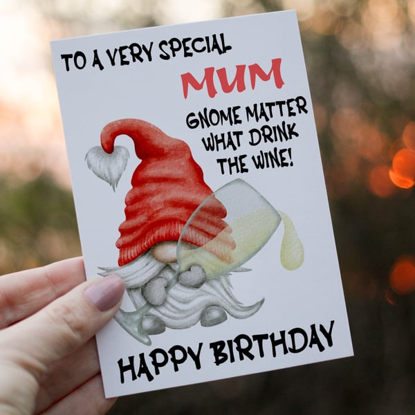 Special Mum Drink The Wine Gnome Birthday Card, Gonk Birthday Card, Personalized