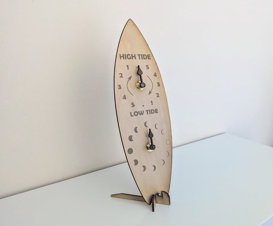 Tide Dial Moon Phase Surfboard Clock with Stand, Fishtail, 2-in-1 Clock 