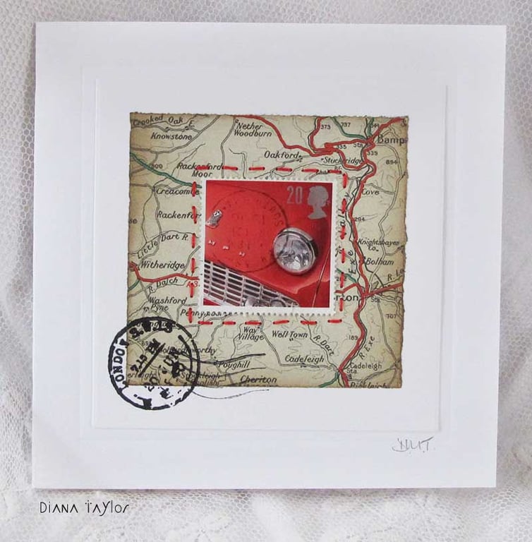 MIXED MEDIA ART CARD CLASSIC CAR  VINTAGE MAPS POSTAGE STAMP