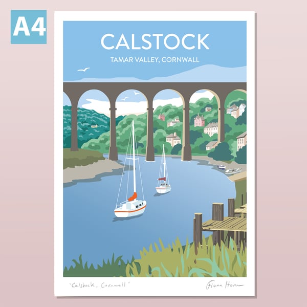 Calstock, Cornwall, Tamar Valley retro style travel poster A4