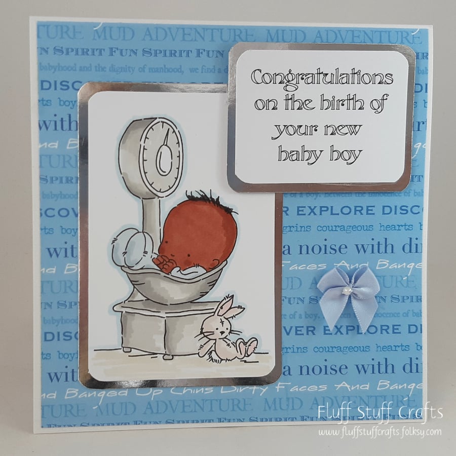Handmade new baby boy card - on the scales