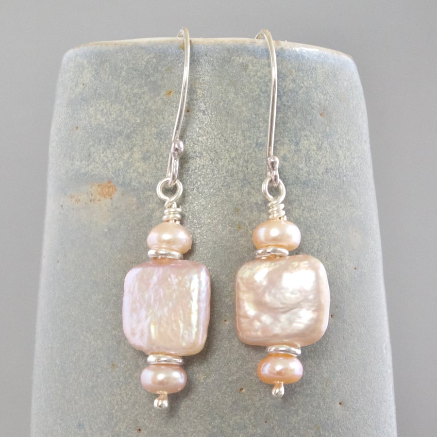 Natural Shell Pink Square Freshwater Pearl and Sterling Silver Drop Earrings