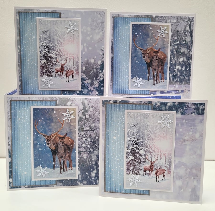 Boxed Set of 4 Handmade Cards - Reindeer in the Snow