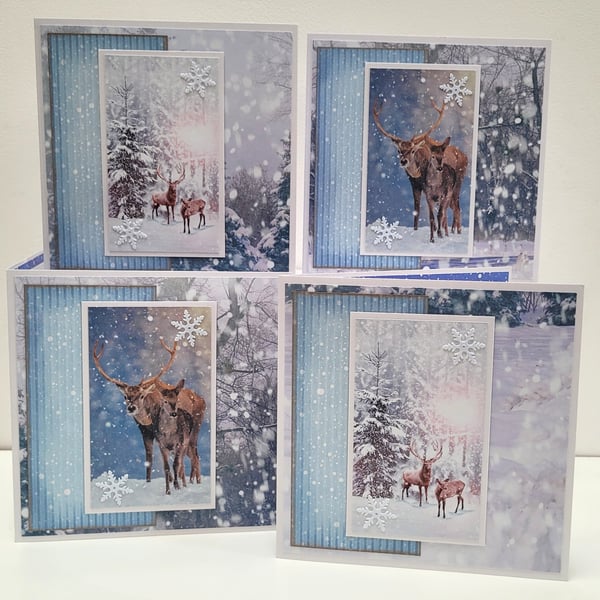 Boxed Set of 4 Handmade Cards - Reindeer in the Snow