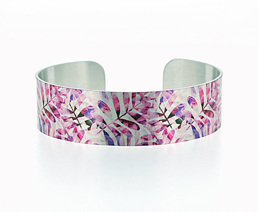 Pink cuff bracelet, brushed silver aluminium jewellery bangle with leaves. B519