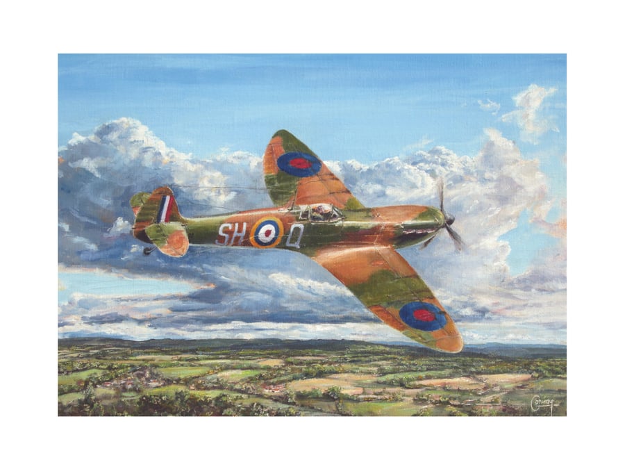 SPITFIRE Aviation Art Card- Battle of Britain Vintage Aircraft- 7x5 Card