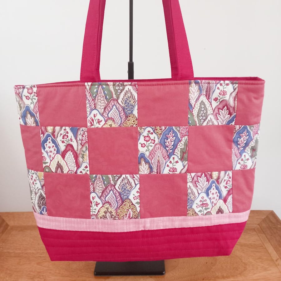 Red, Pink and Cream Patchwork Tote Bag