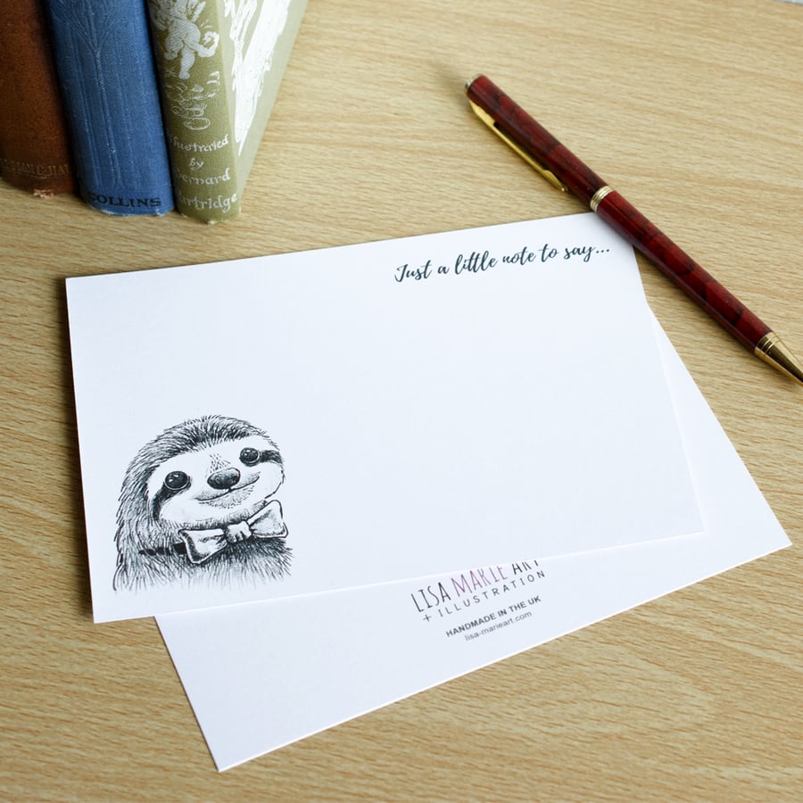 Dapper Sloth Handmade Flat Notecard Set - Pack of 4 with Envelopes