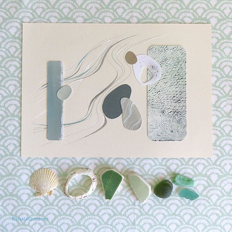 Mixed media collage of pebbles washed up on the shore