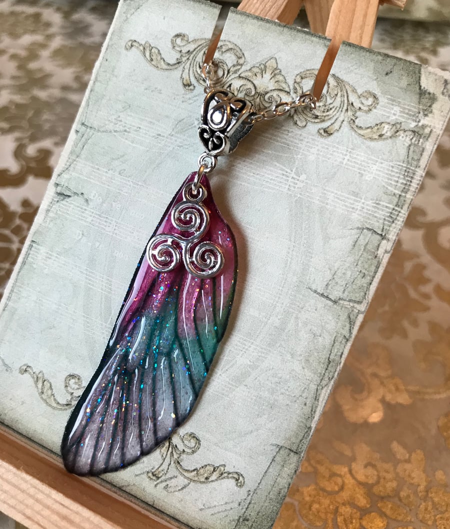 Pink and Green Triskelion Fairy Wing Necklace