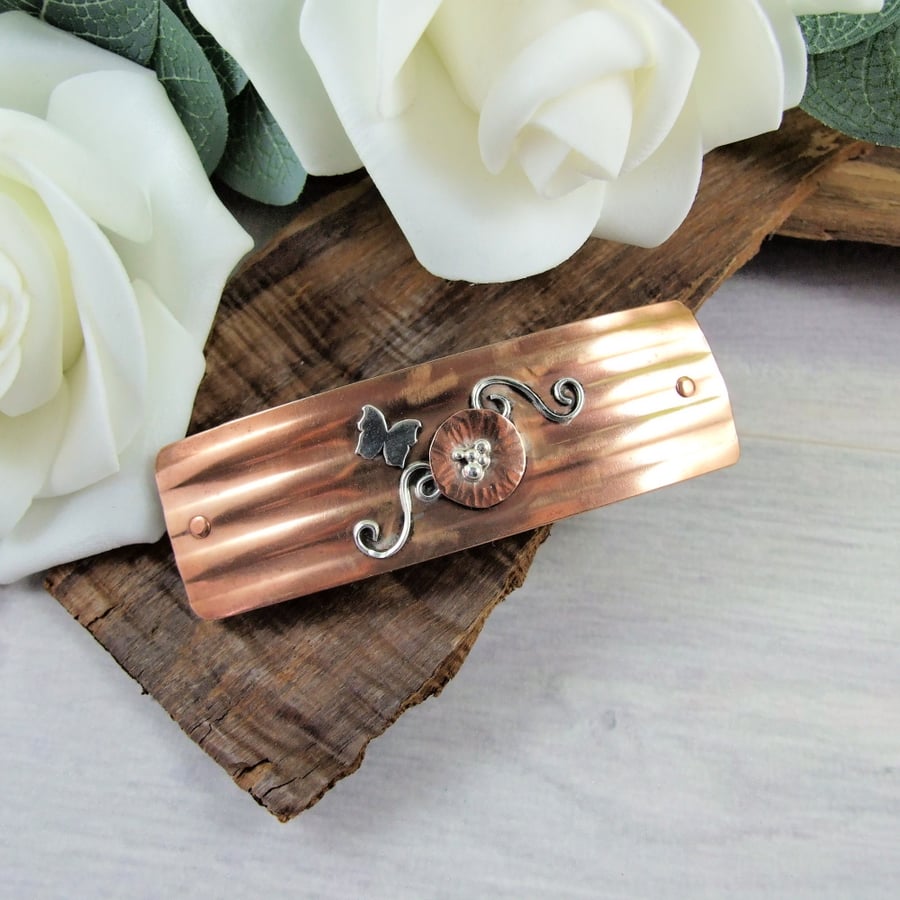 Hair Barrette, Copper Hair Clip with Butterfly, Scrolls and Flower