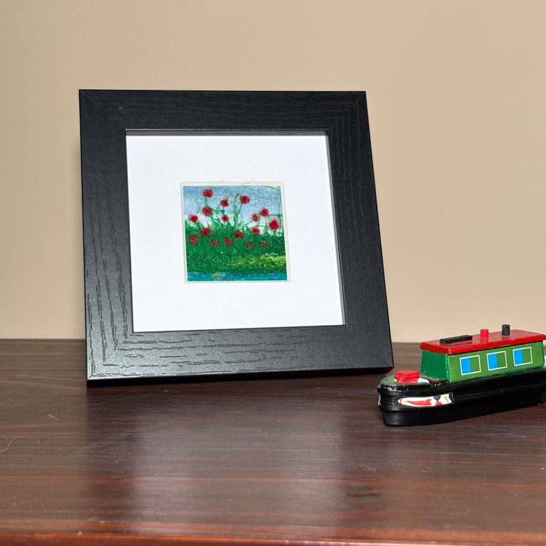Needle felted wool & textile picture, 4"x4" framed, Poppies (1)