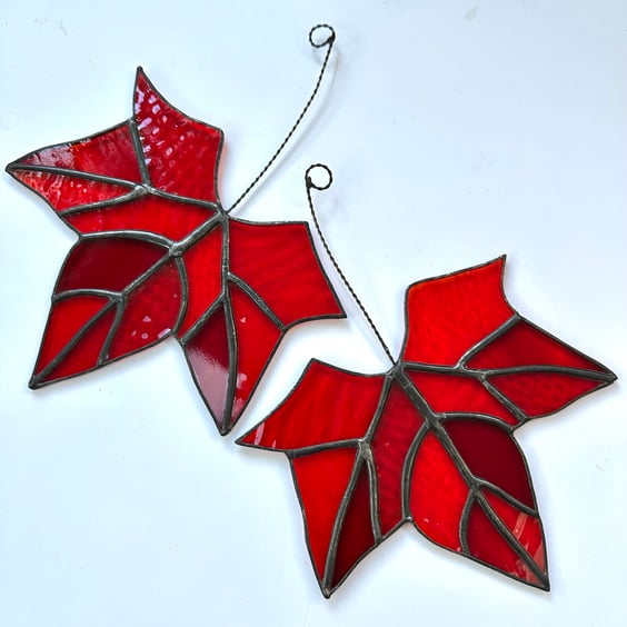 Stained Glass Maple Leaf Suncatcher - Handmade Hanging Window Decoration  - Red