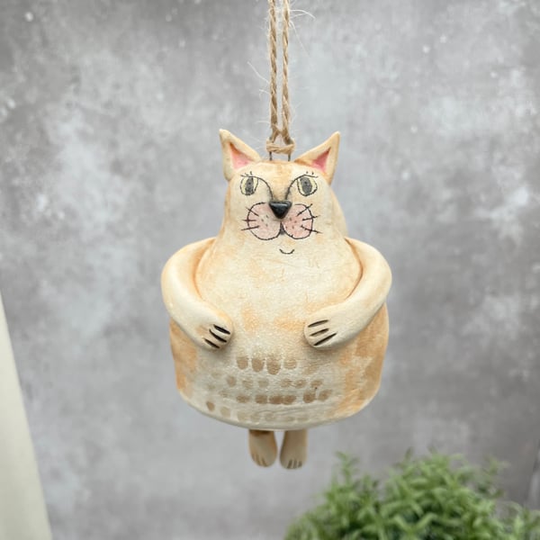 Handmade Pottery Fat Cat Hanging Decoration Bell - Ginger