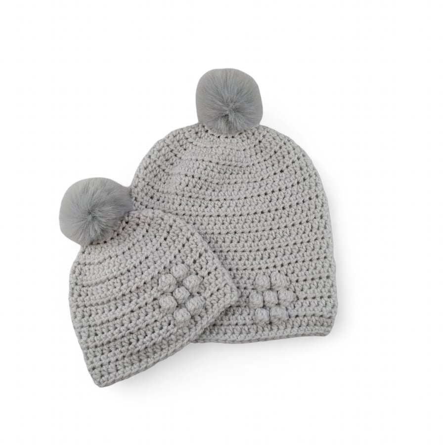 Crocheted Mum and Baby Hat Set, Grey Hats, Faux Fur Pompoms, Bobble Flower 