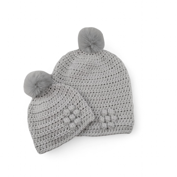 Crocheted Mum and Baby Hat Set, Grey Hats, Faux Fur Pompoms, Bobble Flower 