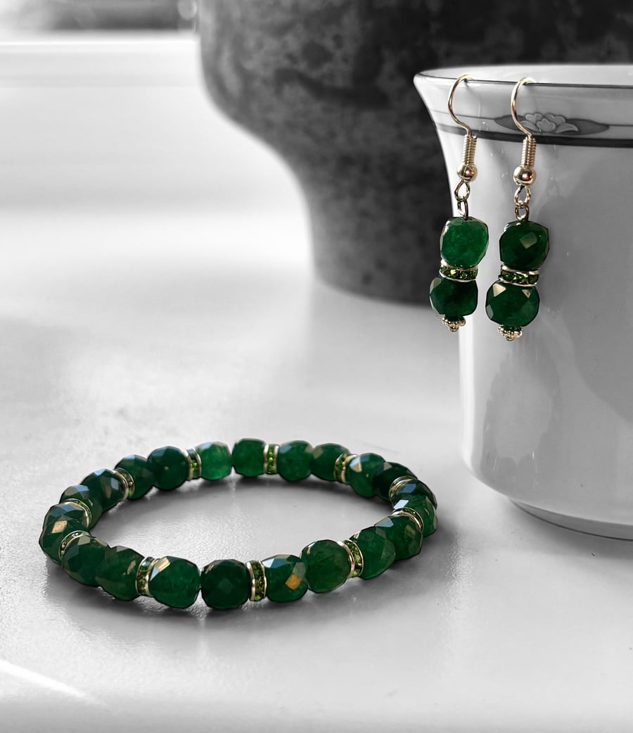 Faceted Green Chalcedony Earring & Bracelet, Jewellery Set,Christmas Gift